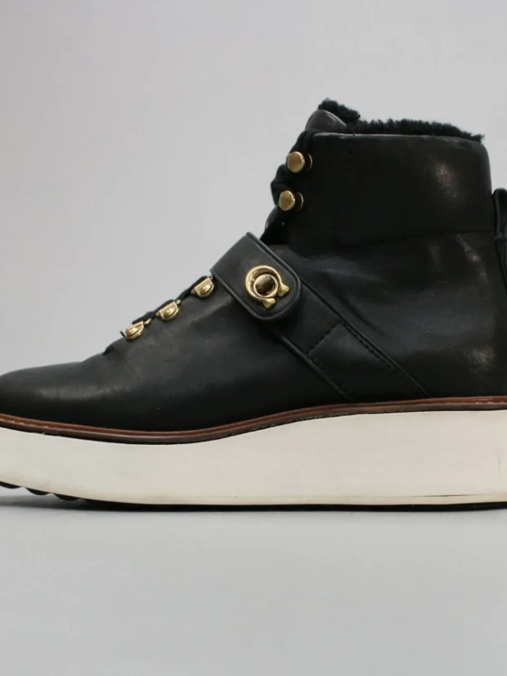 Coach Ladies 7.5 Urban Hiker Platform Black Leather Turn Lock Wedge Ankle Boots - Picture 2 of 12